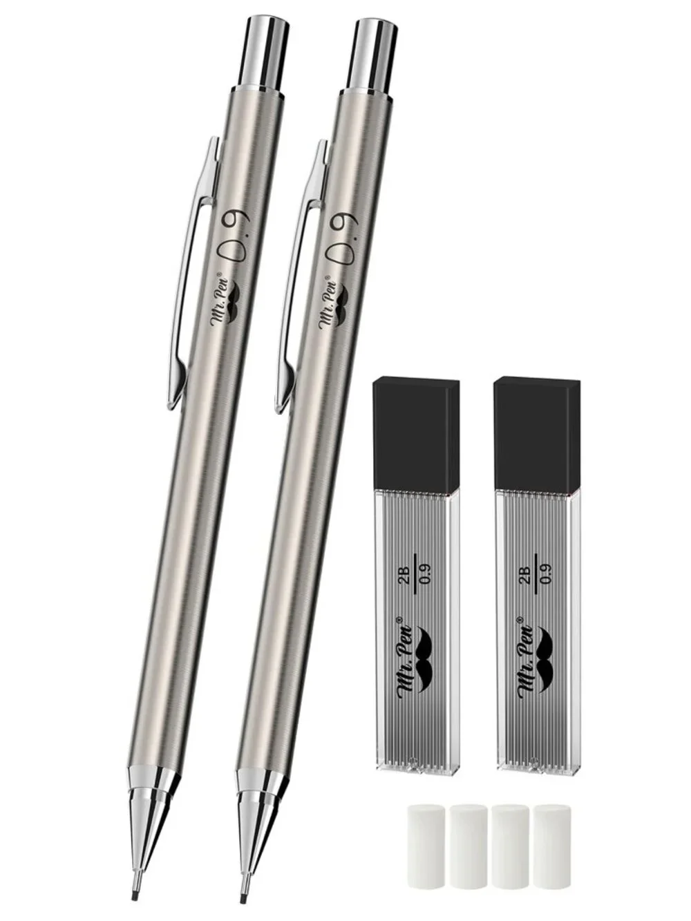 Mr. Pen- Metal Mechanical Pencil Set with Lead Refills & Erasers, 2 Pack | 0.9mm